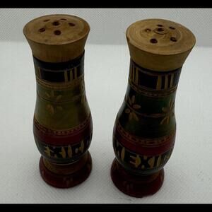 Salt & Pepper Shakers Vintage Mexico Wood Carved Hand Painted Hand Painted 1950s